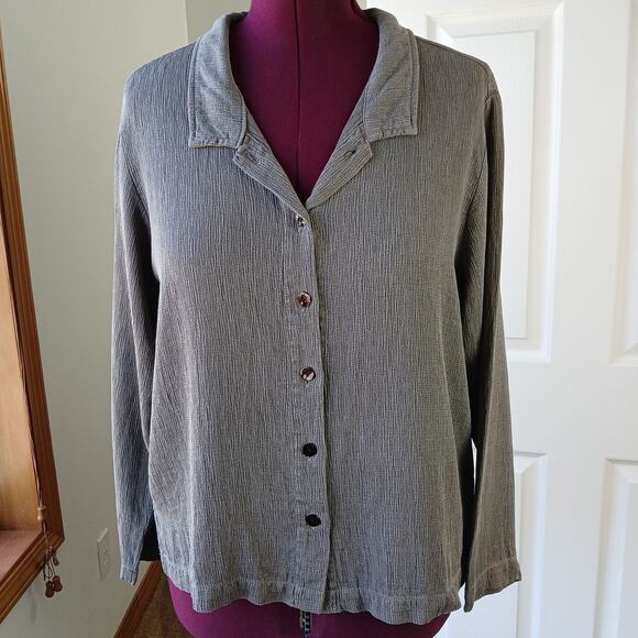 Amanda Gray Tencel Button up Blouse Large long sleeve textured collared grey - Picture 6 of 16